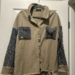 Chic Me Olive Green and Gray Sequin Oversized Jacket
